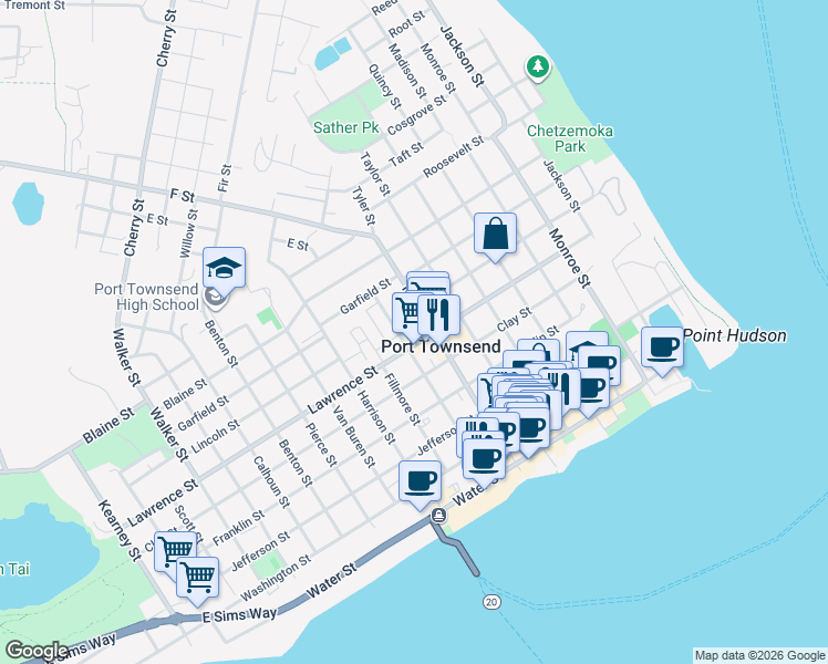 map of restaurants, bars, coffee shops, grocery stores, and more near 1031 Lawrence Street in Port Townsend