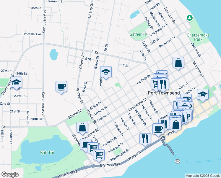 map of restaurants, bars, coffee shops, grocery stores, and more near 1510 Blaine Street in Port Townsend