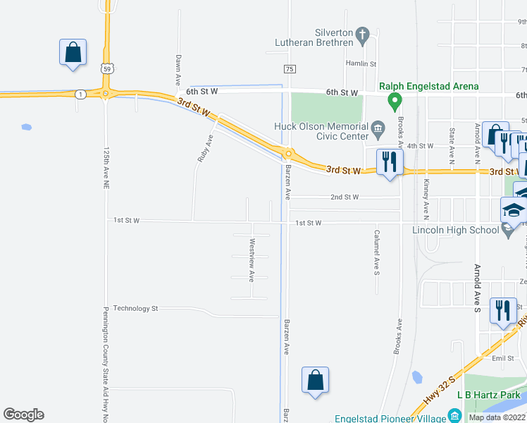 map of restaurants, bars, coffee shops, grocery stores, and more near 105 Cottonwood Avenue North in Thief River Falls