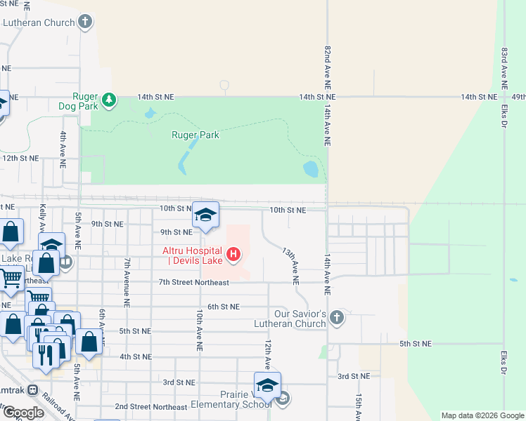 map of restaurants, bars, coffee shops, grocery stores, and more near 998 13th Avenue Northeast in Devils Lake