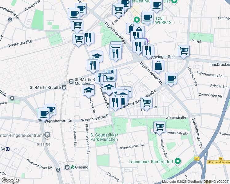 map of restaurants, bars, coffee shops, grocery stores, and more near 73 Balanstraße in München