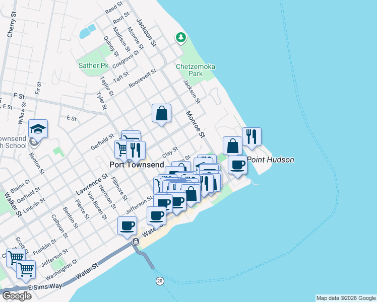 map of restaurants, bars, coffee shops, grocery stores, and more near 619 Clay Street in Port Townsend