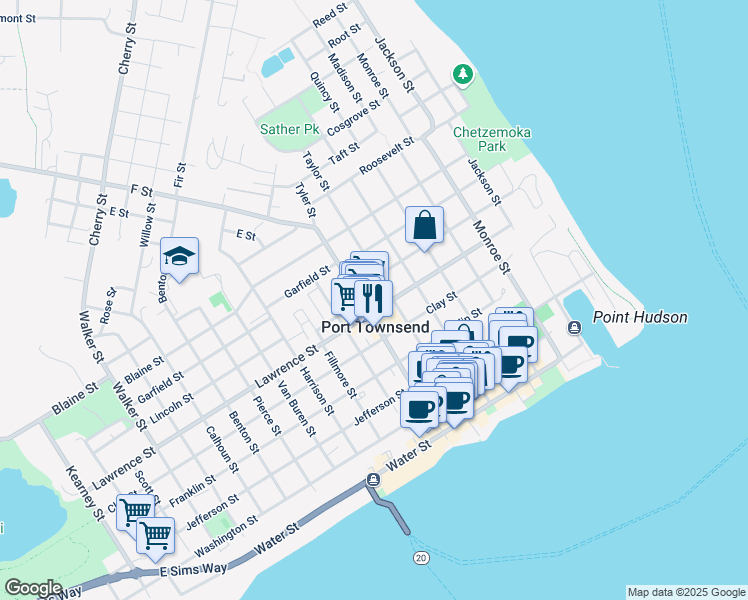 map of restaurants, bars, coffee shops, grocery stores, and more near 740 Taylor Street in Port Townsend