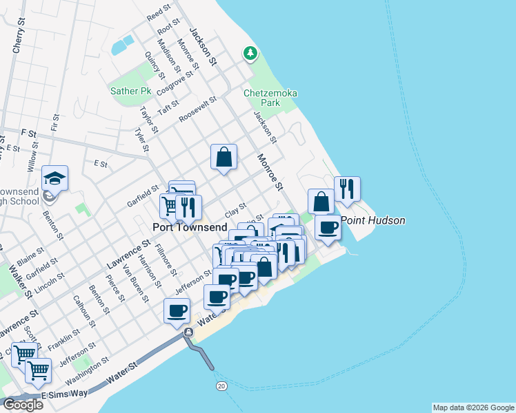 map of restaurants, bars, coffee shops, grocery stores, and more near 528 Madison Street in Port Townsend
