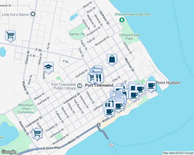 map of restaurants, bars, coffee shops, grocery stores, and more near 828 Tyler Street in Port Townsend