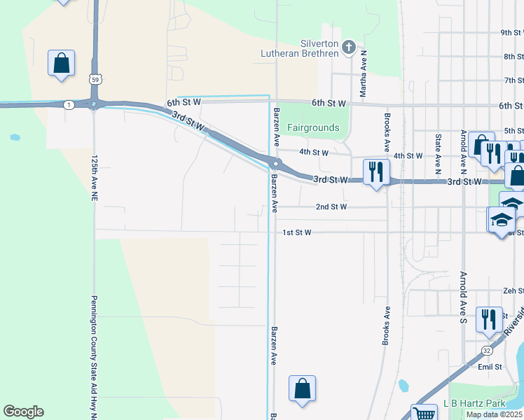 map of restaurants, bars, coffee shops, grocery stores, and more near 106 Cottonwood Avenue North in Thief River Falls