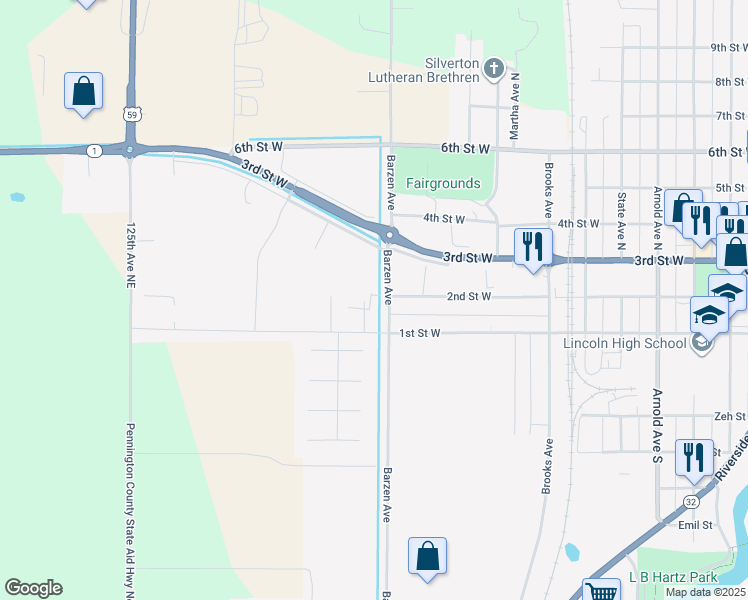 map of restaurants, bars, coffee shops, grocery stores, and more near 200 Barzen Avenue in Thief River Falls