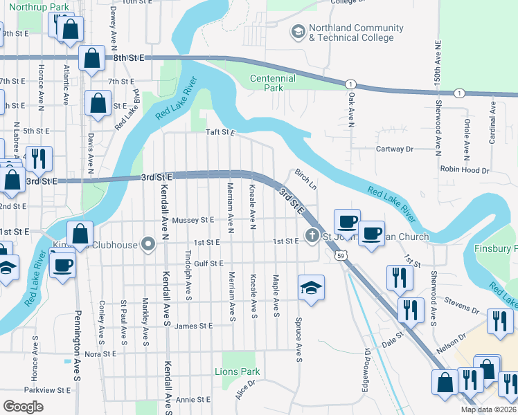 map of restaurants, bars, coffee shops, grocery stores, and more near 228 Kneale Avenue North in Thief River Falls