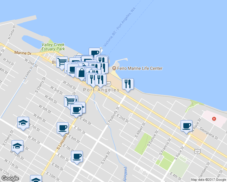 map of restaurants, bars, coffee shops, grocery stores, and more near 306 East Front Street in Port Angeles