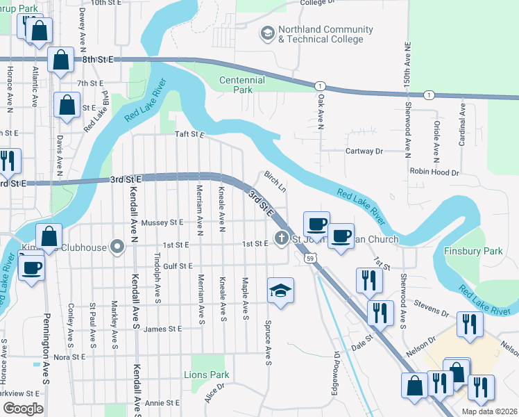map of restaurants, bars, coffee shops, grocery stores, and more near 226 Maple Avenue North in Thief River Falls