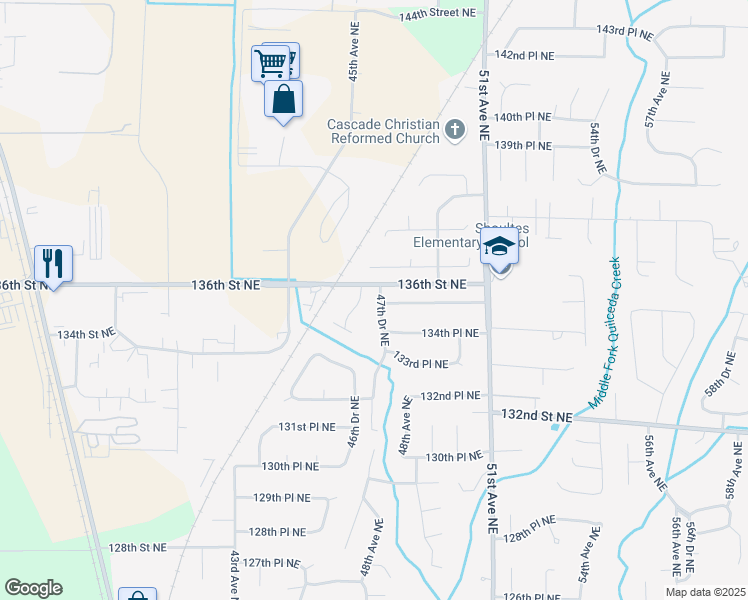 map of restaurants, bars, coffee shops, grocery stores, and more near 13518 47th Drive Northeast in Marysville