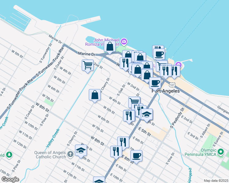 map of restaurants, bars, coffee shops, grocery stores, and more near 219 West 3rd Street in Port Angeles