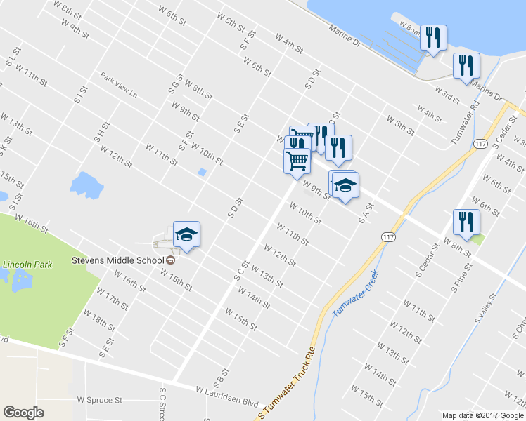 map of restaurants, bars, coffee shops, grocery stores, and more near 1025 West 11th Street in Port Angeles