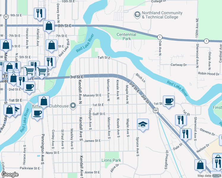 map of restaurants, bars, coffee shops, grocery stores, and more near 228 Merriam Avenue North in Thief River Falls