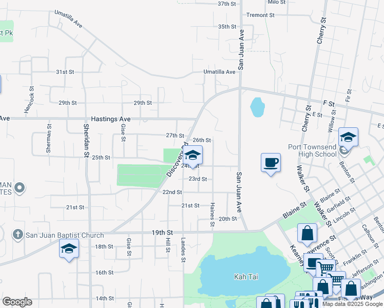 map of restaurants, bars, coffee shops, grocery stores, and more near 491 Discovery Road in Port Townsend