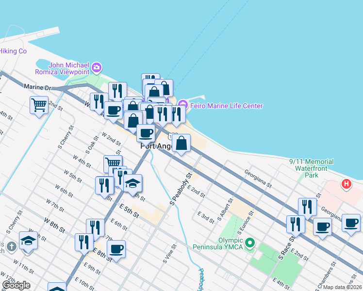 map of restaurants, bars, coffee shops, grocery stores, and more near 306 East Front Street in Port Angeles
