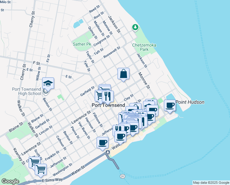 map of restaurants, bars, coffee shops, grocery stores, and more near 740 Taylor Street in Port Townsend