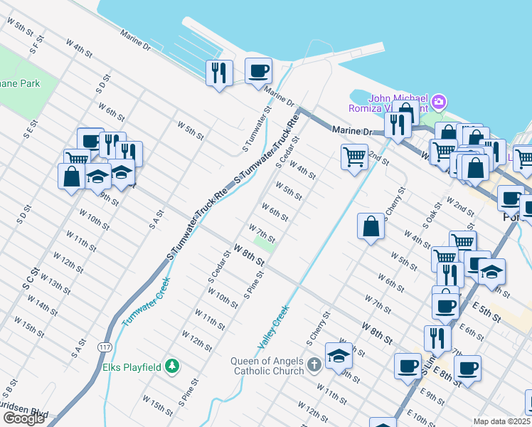 map of restaurants, bars, coffee shops, grocery stores, and more near 528 1/2 West 6th Street in Port Angeles