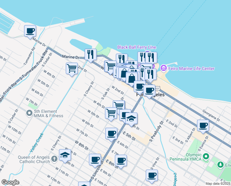 map of restaurants, bars, coffee shops, grocery stores, and more near 117 West 2nd Street in Port Angeles