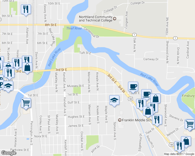 map of restaurants, bars, coffee shops, grocery stores, and more near 228 Kneale Avenue North in Thief River Falls