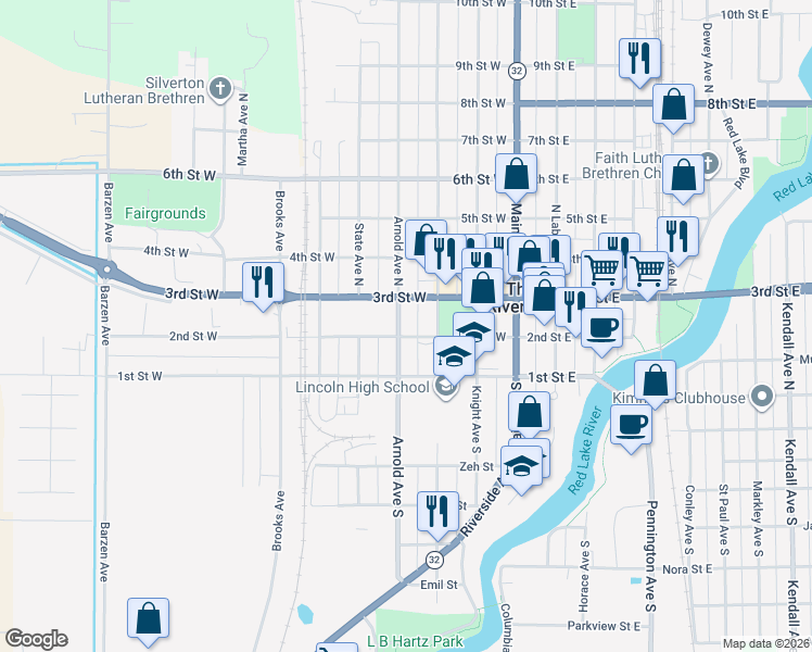 map of restaurants, bars, coffee shops, grocery stores, and more near 321 2nd Street West in Thief River Falls