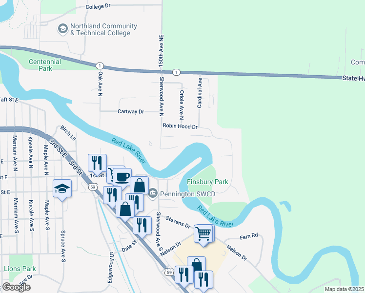 map of restaurants, bars, coffee shops, grocery stores, and more near 1702 Little John Court in Thief River Falls