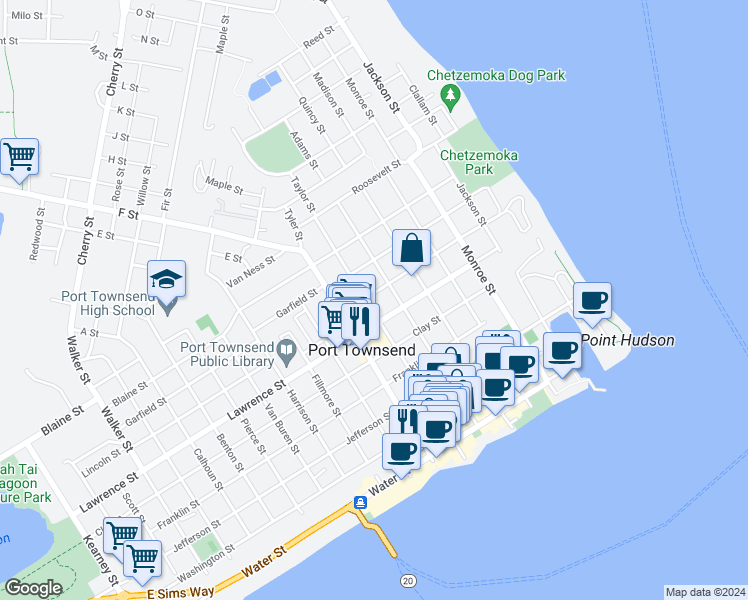 map of restaurants, bars, coffee shops, grocery stores, and more near 740 Taylor Street in Port Townsend