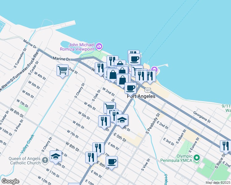 map of restaurants, bars, coffee shops, grocery stores, and more near 117 West 2nd Street in Port Angeles