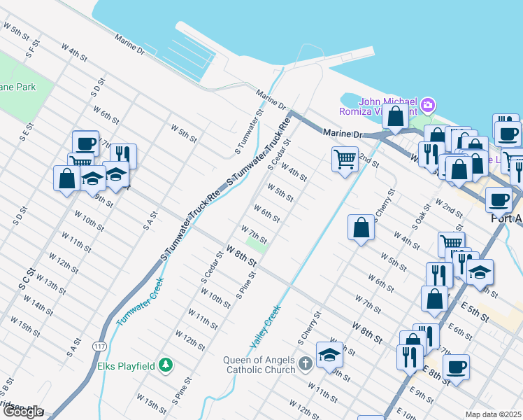 map of restaurants, bars, coffee shops, grocery stores, and more near 528 1/2 West 6th Street in Port Angeles