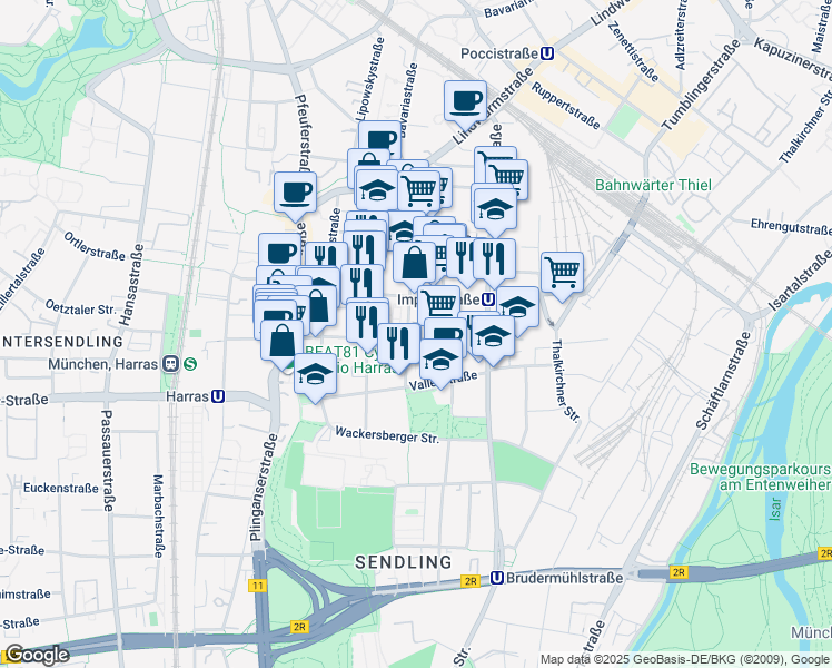 map of restaurants, bars, coffee shops, grocery stores, and more near 18 Lindenschmitstraße in München