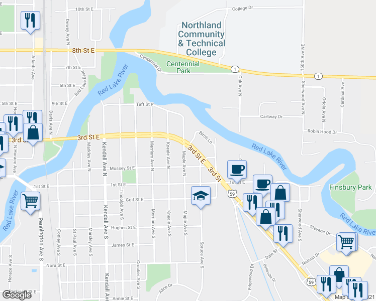 map of restaurants, bars, coffee shops, grocery stores, and more near 226 Maple Avenue North in Thief River Falls