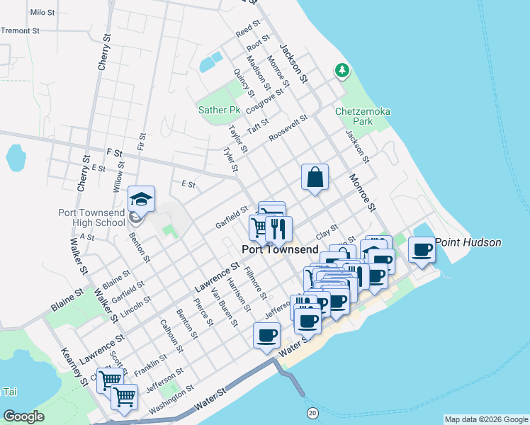 map of restaurants, bars, coffee shops, grocery stores, and more near 828 Tyler Street in Port Townsend