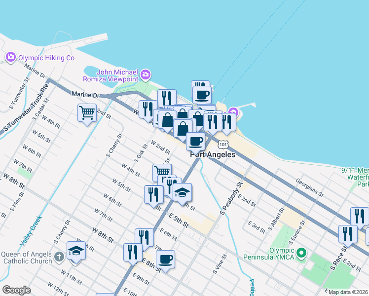map of restaurants, bars, coffee shops, grocery stores, and more near 110 East 1st Street in Port Angeles