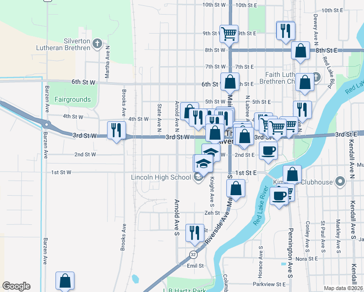 map of restaurants, bars, coffee shops, grocery stores, and more near 321 2nd Street West in Thief River Falls