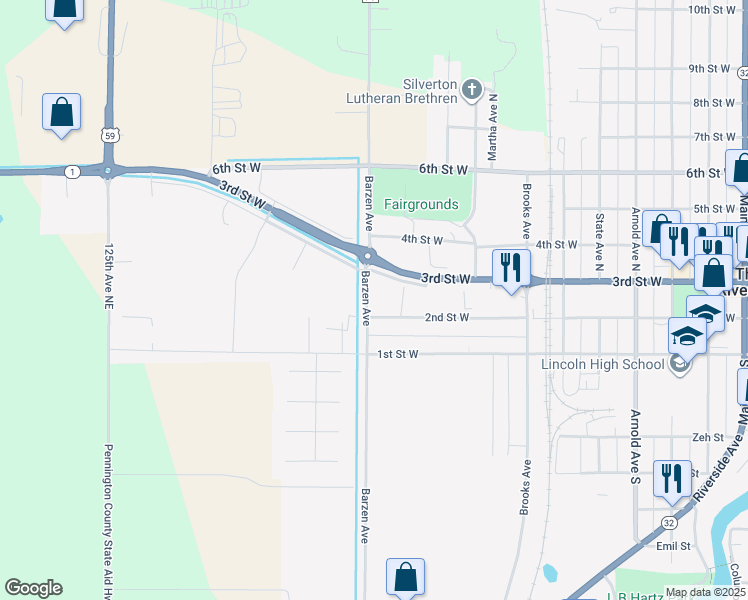 map of restaurants, bars, coffee shops, grocery stores, and more near 200 Barzen Avenue in Thief River Falls