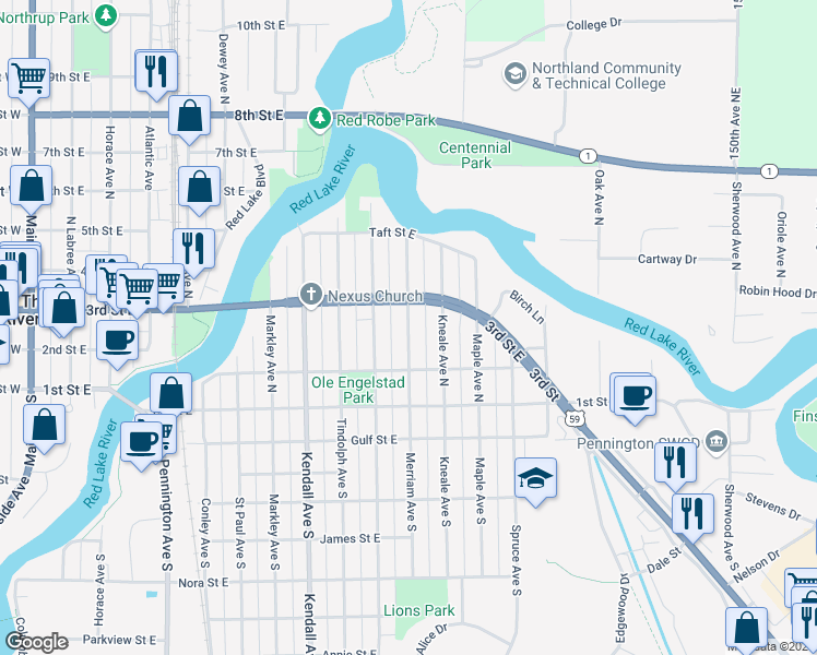 map of restaurants, bars, coffee shops, grocery stores, and more near 228 Merriam Avenue North in Thief River Falls