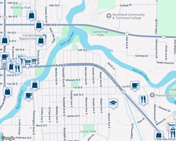 map of restaurants, bars, coffee shops, grocery stores, and more near 228 Merriam Avenue North in Thief River Falls