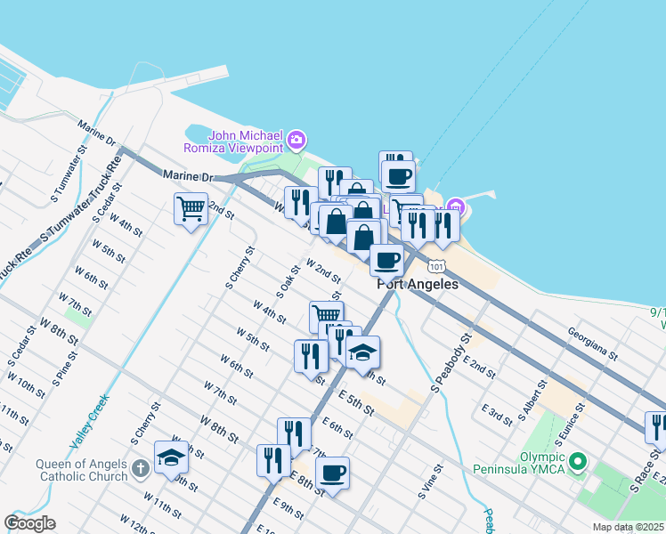 map of restaurants, bars, coffee shops, grocery stores, and more near 117 West 2nd Street in Port Angeles