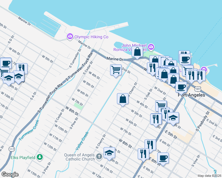 map of restaurants, bars, coffee shops, grocery stores, and more near 402 South Valley Street in Port Angeles
