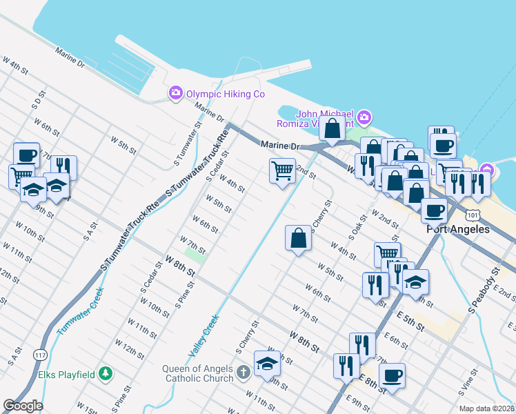 map of restaurants, bars, coffee shops, grocery stores, and more near 402 South Valley Street in Port Angeles