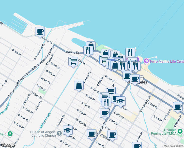 map of restaurants, bars, coffee shops, grocery stores, and more near 233 West 3rd Street in Port Angeles