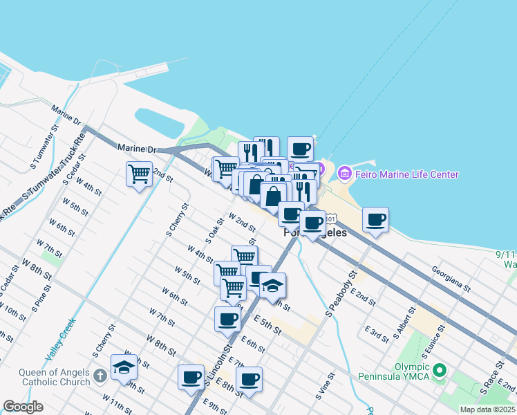 map of restaurants, bars, coffee shops, grocery stores, and more near 112 West 1st Street in Port Angeles