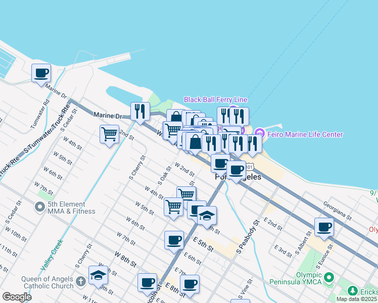 map of restaurants, bars, coffee shops, grocery stores, and more near 138 West 1st Street in Port Angeles