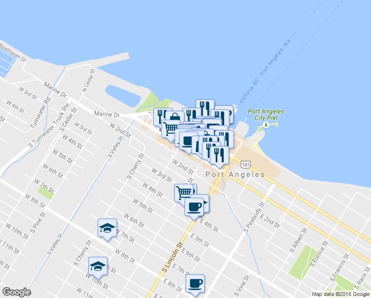 map of restaurants, bars, coffee shops, grocery stores, and more near 138 West 1st Street in Port Angeles