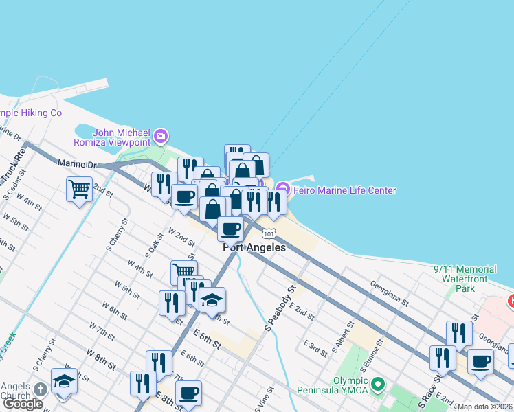 map of restaurants, bars, coffee shops, grocery stores, and more near in Port Angeles