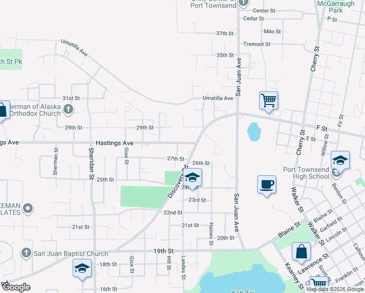 map of restaurants, bars, coffee shops, grocery stores, and more near 453 Hastings Avenue in Port Townsend