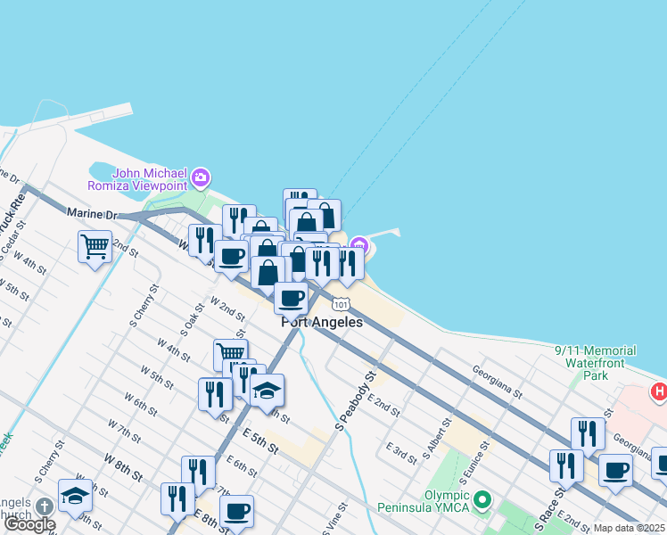 map of restaurants, bars, coffee shops, grocery stores, and more near 319 North Lincoln Street in Port Angeles