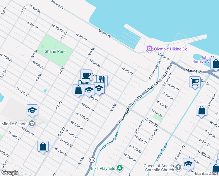 map of restaurants, bars, coffee shops, grocery stores, and more near 707 South B Street in Port Angeles