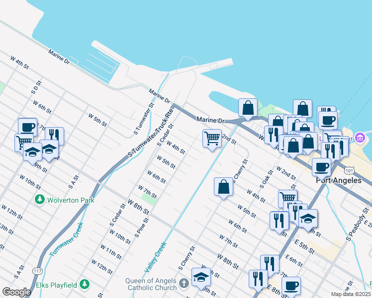 map of restaurants, bars, coffee shops, grocery stores, and more near 503 West 4th Street in Port Angeles