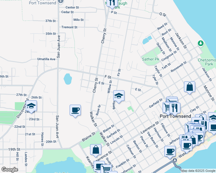 map of restaurants, bars, coffee shops, grocery stores, and more near 521 Willow Street in Port Townsend